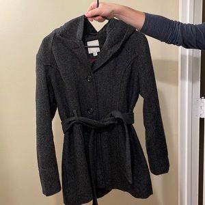 Grey belted peacoat with hood